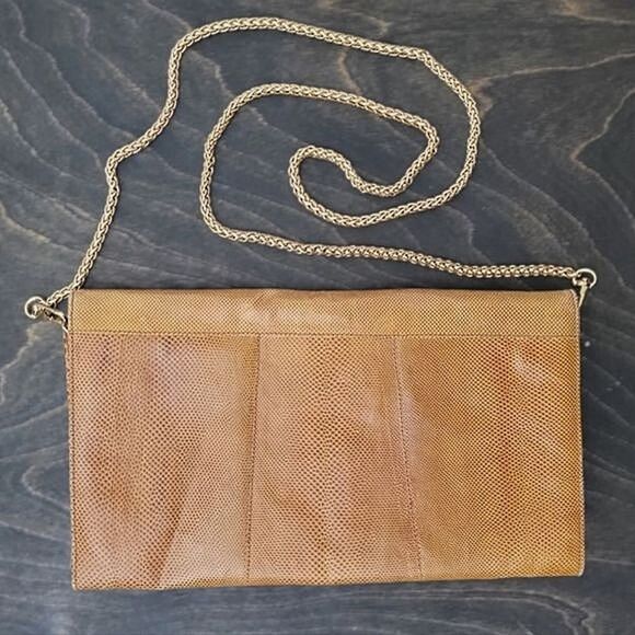 Vtg yellow tan reptile leather envelope crossbody purse - Picture 2 of 16